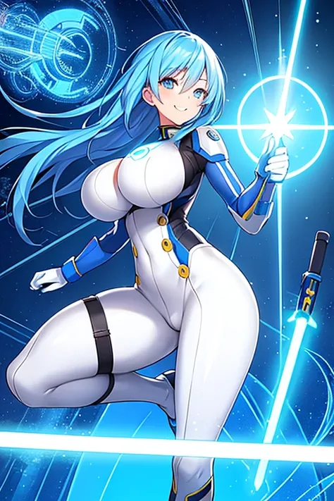 1girl, blue hair, very short hait, blue eyes, light skin, light-skinned female, hourglass figure, large breasts, lightsaber, sword, standing, full body, ((full_body)), pilot suit, bodysuit, white bodysuit, neon, neon trim, neon light, machinery, futuristic...