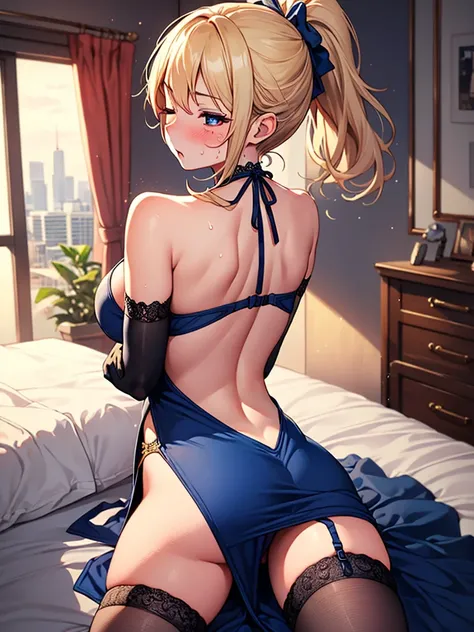 (highest quality, High resolution, perfect pixel, Depth of bounds written, 4K), (from above), hotel room, detailed eyes, (1 lady), tall, (skinny body:1.2) , (thin thighs:1.2), large breasts, (side boob), blond hair, (ponytail:1.2), (midnight blue one side ...