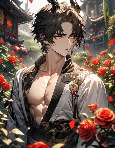 absurd resolution, high resolution, ultra detailed, HDR, master piece, best quality, extremely detailed face and eyes, beautiful vibrant eyes, Chong Yue, expressive yellow eyes, black hair, short hair, black horns, Arknights, solo, sexy man, toned chest, h...