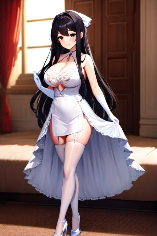 4K,teens girl,cute  face,Long black hair,Black eyes,ssmile,mediuml breasts,offcial dress,Simple hair accessories,Lace gloves,White suspender stockings,Pink high heels,full bodyesbian,in the castle,hands behind body,The edges are illuminated