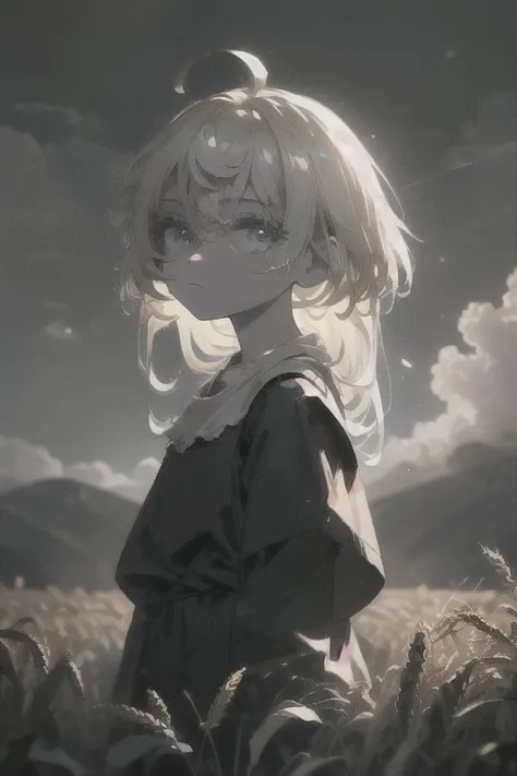 (masterpiece, cinematic composition, cinematic lighting, detailed background, bloom, shine, moody lighting), peasant girl working in the middle of a wheat field, white hair, ahoge, (absurdly long hair:1.2), pale skin, blue eyes, expressionless, looking at ...