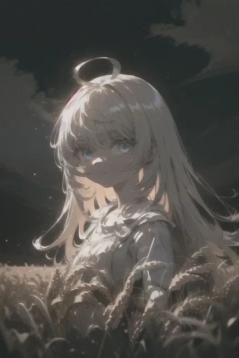 (masterpiece, cinematic composition, cinematic lighting, detailed background, bloom, shine, moody lighting), peasant girl working in the middle of a wheat field, white hair, ahoge, (absurdly long hair:1.2), pale skin, blue eyes, expressionless, looking at ...