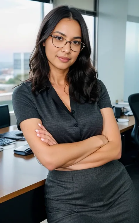 beautiful brunette, wearing prescription glasses, dressed in business attire, (arms crossed in a modern office at sunset), Very detailed, 45 years old, 75 kilos, innocent face, natural wavy black hair, black eyes, Tall resolution, artwork, best quality, in...