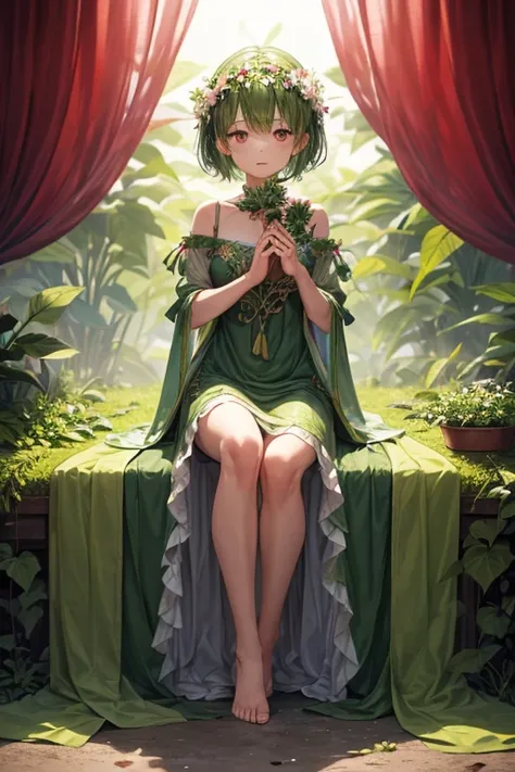 Plant 5 year old girl with green skin and short hair made of green leaves.
dress made of leaves feet made of roots with pink eyes hands shaped like flower buds