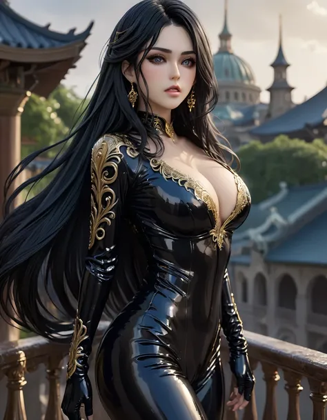 Bayonetta girl , very long hairs, full body, a latex sheath suit, outdoor background 