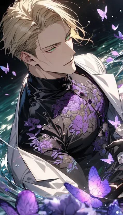 Ultra detailed, HDR, Highres, absurdres, master piece, Nanami Kento, blond hair, expressive green eyes, white long coat with patterns, Jujutsu Kaisen, black tight shirt, purple glittering butterflies, purple ice, petals, purple ice roses, sexy man, solo, e...