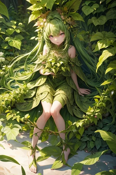 Humanoid plant in the shape of a 15-year-old girl, green skin, hair made of leaves, pink eyes, dress made of vines, feet in the shape of green roots, forest background 