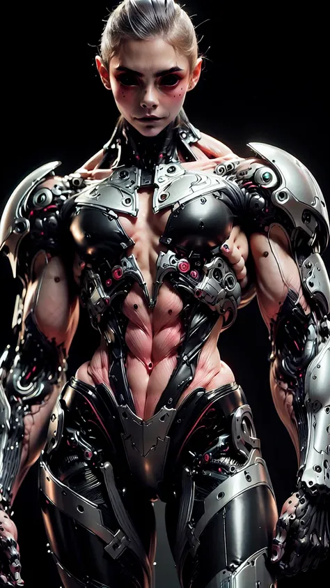 (1 girl), (cara delevingne), (muscular android girl wearing a black anatomic cybernetic muscle suit:1.25), (wide shoulders:1.25), (muscular defined physique:1.25), perfect hands, long hair, large breasts, high resolution image, extreme detail, blank backgr...