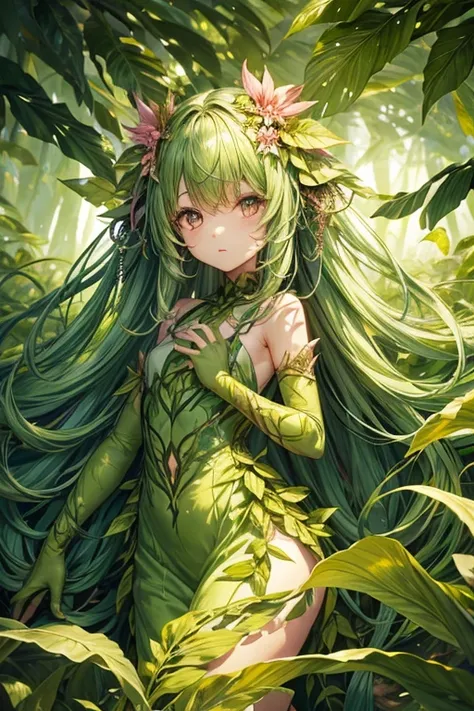 Humanoid plant in the shape of a 5-year-old girl, green skin, hair made of leaves, pink eyes, dress made of vines, feet in the shape of green roots, forest background 