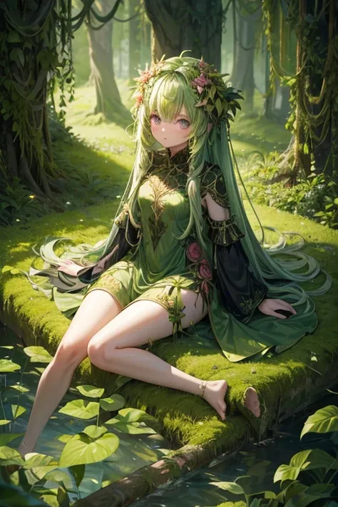 Humanoid plant in the shape of a 5-year-old girl, green skin, hair made of leaves, pink eyes, dress made of vines, feet in the shape of green roots, forest background 