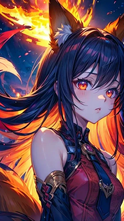 Flower, masterpiece, height quality, fire Fox girl, cinematic lighting, fire fox ears, fire fox tail, fire fox eyes, fire dark hair, light skin, dark red short dress, hight contrast colors, detail eyes, detail fox ears, detail fox tail, detail hair, cinema...