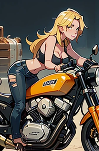 (1 girl) blonde (large breasts) on top of a motorbike looking to the side, (1 boy) with black hair with dirty and torn clothes looking at the viewer