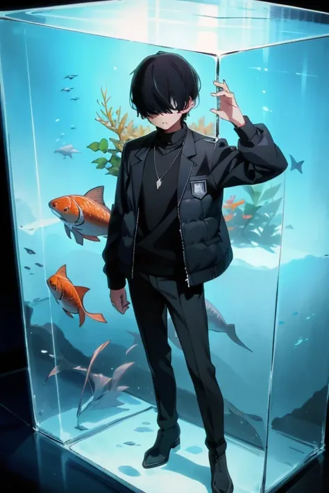 Black hair, necklace, looking at viewer, 1boy, short hair, closed mouth, hair over one eye, black shirt, grey eyes, turtleneck, jacket on the shoulders, black trousers, boots, full body

Located in an aquarium, in a cube. Water in a cube. Sand. Glass. Fish...