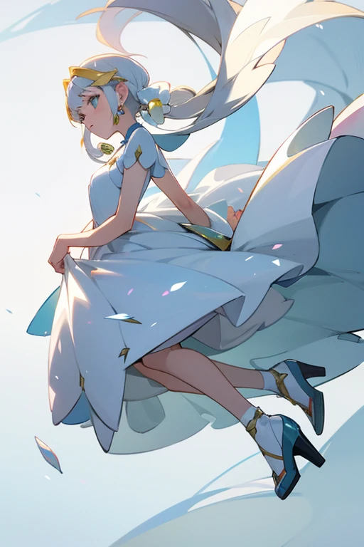 Beautiful pokémon serene in white dress, tacones blancos, unos aretes dorados
