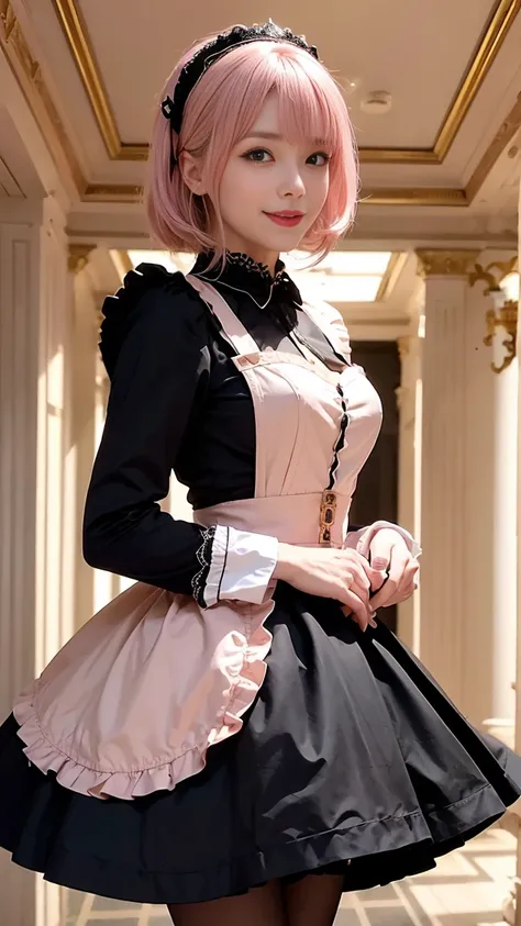 Browsing Caution，(Very delicate，highest quality、8k），(Man and mature woman having sex)，Pitch-dark room，Now，Lure，smile，blush，Pink Gold Haired Maid ，Gothic Maid，skirt，Luxurious interior，