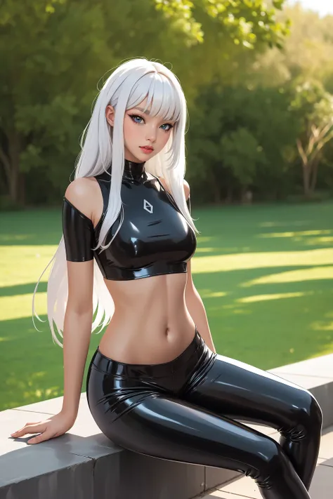 (piece of art:1.0), (better_quality:1.0), standing at attention, I look at the viewer, 8K, 1 girl, One, Anime character girl with long white hair wearing clothes (black latex shirt:1.2), (latex pants), skin, clavicle, latex, bright, navel,(black latex shir...