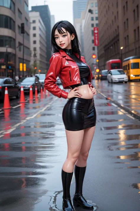 woman in a red leather jacket and skirt stands in the water, Wet look, She is dressed in a wet coat, On a wet London street, beautiful girl standing in the rain, Dressed as , wear a jacket and skirt, in latex suit Atsuko Kudo, impregnated, wet улицы, wear ...