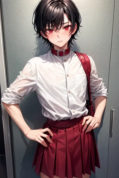 Teenager man boy 18 years old short black hair red eyes wearing red pleated skirt blushing