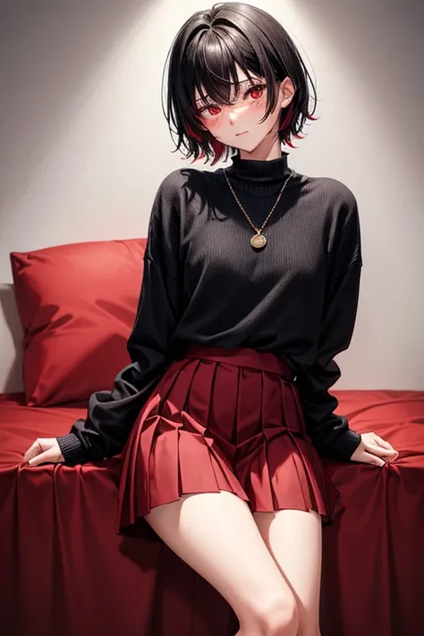 Teenager man boy 18 years old short black hair red eyes wearing red pleated skirt blushing with a pet collar on his neck wearing sweater with long sleeves