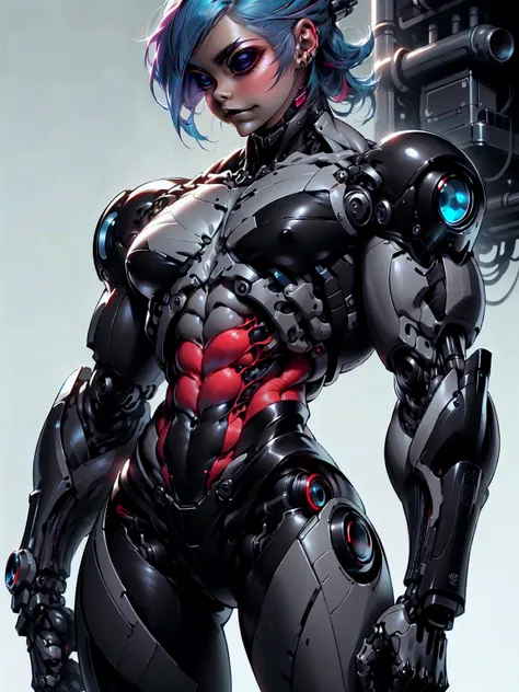 (1 girl), (cara delevingne), (muscular android girl wearing a black anatomic cybernetic muscle suit:1.25), (wide shoulders:1.25)...