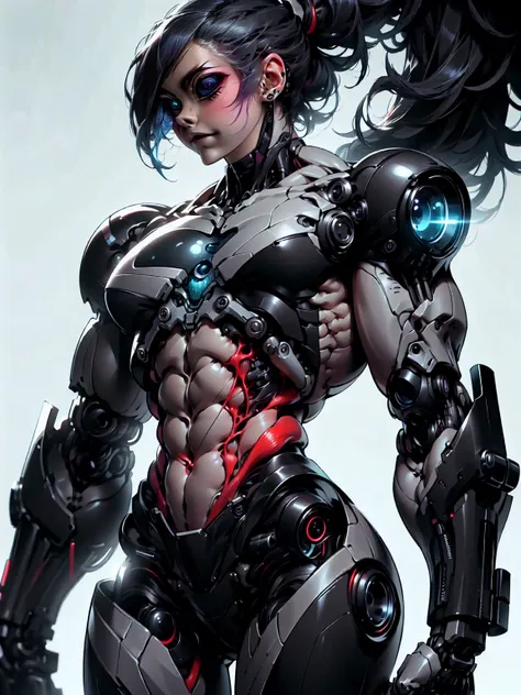 (1 girl), (cara delevingne), (muscular android girl wearing a black anatomic cybernetic muscle suit:1.25), (wide shoulders:1.25)...