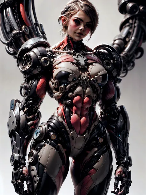 (1 girl), (cara delevingne), (muscular android girl wearing a black anatomic cybernetic muscle suit:1.25), (wide shoulders:1.25)...