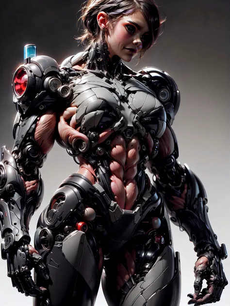 (1 girl), (cara delevingne), (muscular android girl wearing a black anatomic cybernetic muscle suit:1.25), (wide shoulders:1.25), (muscular defined physique:1.25), perfect hands, long hair, large breasts, high resolution image, extreme detail, blank backgr...