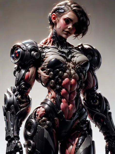 (1 girl), (cara delevingne), (muscular android girl wearing a black anatomic cybernetic muscle suit:1.25), (wide shoulders:1.25), (muscular defined physique:1.25), perfect hands, long hair, large breasts, high resolution image, extreme detail, blank backgr...