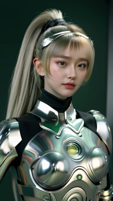 highest quality，(Two women)，Long black hair，Blonde Ponytail，Volumie，Blunt bangs，Soft wavy hairstyle，bright、Has a lively expression，健康的でbright肌の色，She is wearing a mechanical silver bra.，Wearing mechanical silver shoulder pads，(Wearing green goggles)，Wearing...