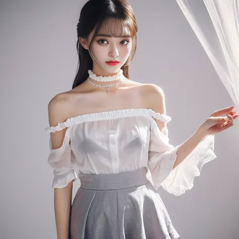 (highest quality, masterpiece), one girl, intricate details, white fabric off-shoulder, light grey skirt, choker, frills, see-th...