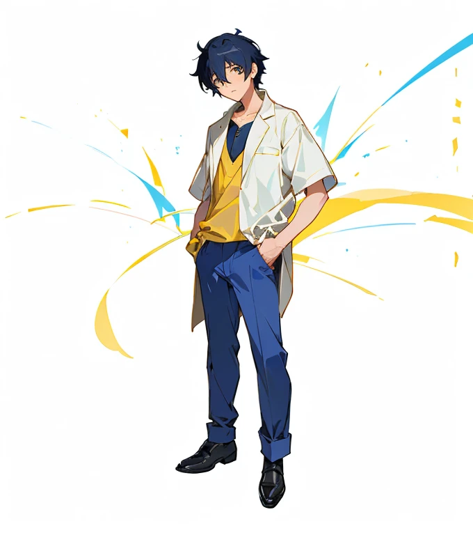 RPG Maker Anime Style , visual novel bust style, front facing character, semi realistic, clad in a dark blue short sleeves shirt with colar. The teacher, resembling a scientist, wears a long white lab coat over a casual blue shirt, untucked. His light, dar...