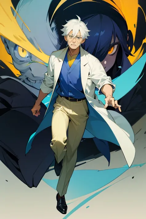 RPG Maker Anime Style , visual novel bust style, front facing old man character, semi realistic, clad in a dark blue Barong Tagalog. The teacher, resembling a scientist, wears a long white lab coat over a casual blue shirt, untucked. His light, dark yellow...