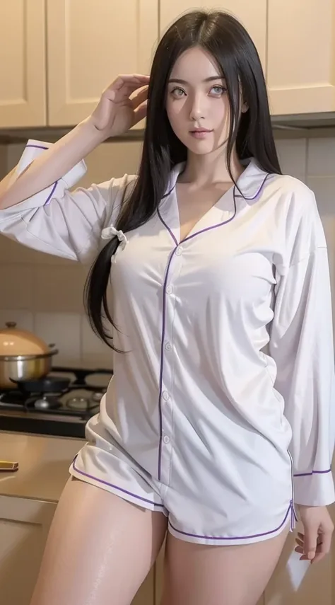 hyuuga hanabi, long hair tied low, hair band, hana purple eyes, beautiful, beautiful woman, perfect body, (((thick thighs))), perfect breasts, wearing white pajamas, pajamas, sleepwear, in the kitchen, clear kitchen, looking at the audience, a slight smile...