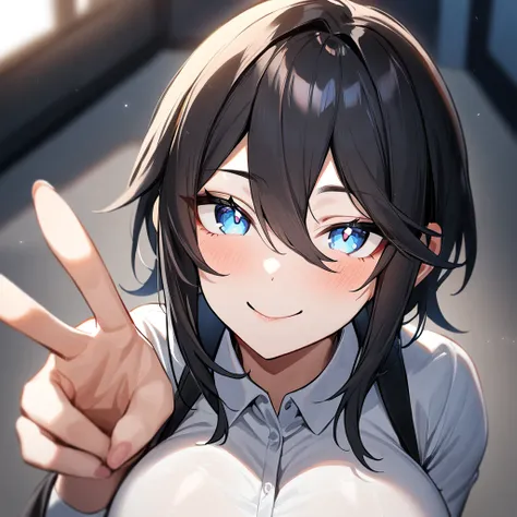 1 girl,androgynous,black hair,blue eyes, Smile,pov,portrait,big breast,(wide hips),White eyes,split pupil,best quality,very aesthetic,absurdres,v