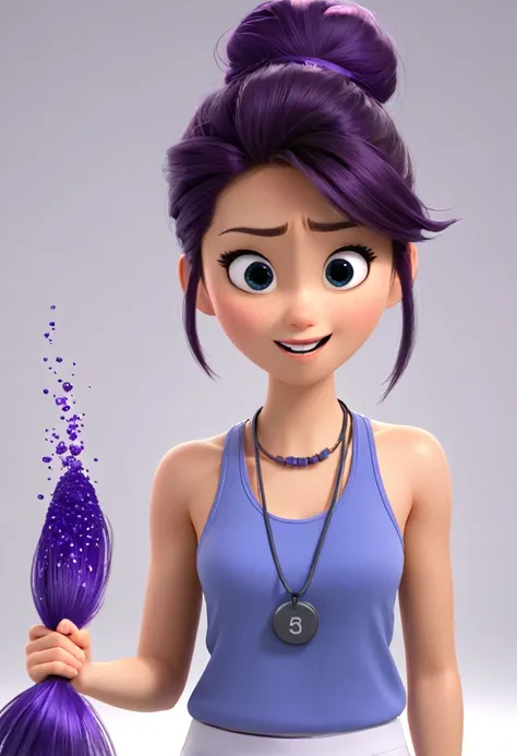 Une Japonaise de 14 ans, cheveux bleu, dark purple necklace, Grey tank top, terrified, scotcher au mur, main en laire, ne pouvant plus bouger, in a defective laboratory, style 3d Pixar, (best quality, 4k, 8k, High resolution, chef-d&#39;artwork:1.2), Ultra...