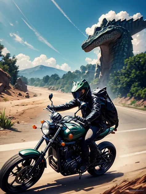 An alligator wearing a leather jacket riding a motorcycle on a dirt road, digital art