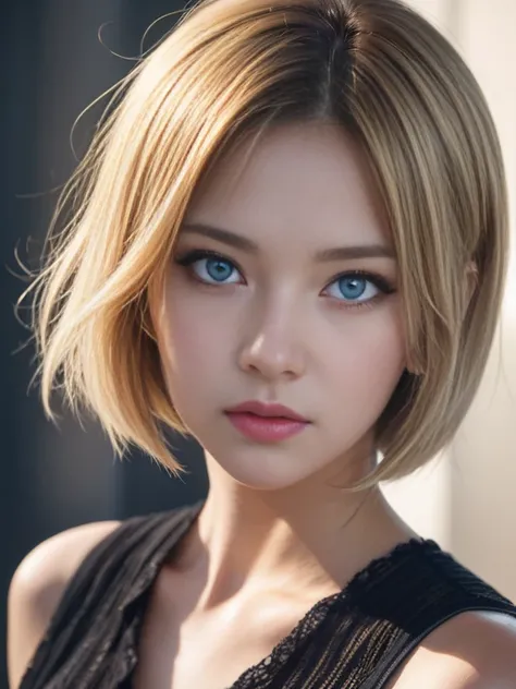 A girl with blue eyes and short bob blonde hair, photorealistic anime girl render, hyper realistic anime, 8K Portrait Rendering, stunning anime face portrait, detailed digital anime art, smooth anime cg art, Gweiz-style artwork, 3 d anime realistic, Soft P...