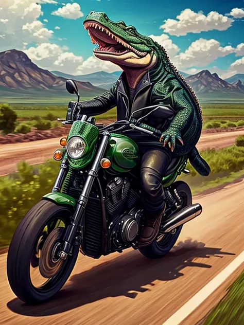 An alligator wearing a leather jacket riding a motorcycle on a dirt road, digital art