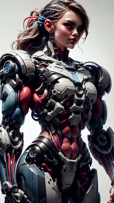 (1 girl), (cara delevingne), (muscular android girl wearing a black anatomic cybernetic muscle suit:1.25), (wide shoulders:1.25), (muscular defined physique:1.25), perfect hands, long hair, large breasts, high resolution image, extreme detail, blank backgr...