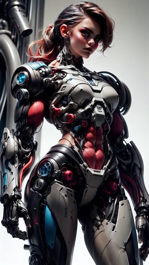 (1 girl), (cara delevingne), (muscular android girl wearing a black anatomic cybernetic muscle suit:1.25), (wide shoulders:1.25)...