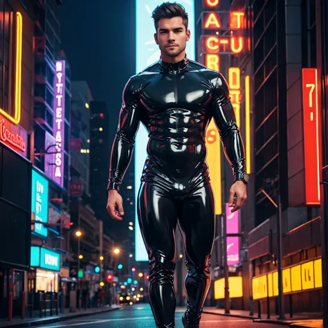 Man in a Latex Suit with six pack abs and topless in a Neon Light City