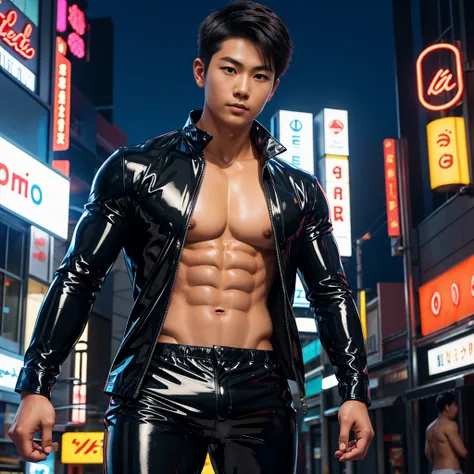 young japanese man in a Latex Suit with six pack abs and topless in a Neon Light City