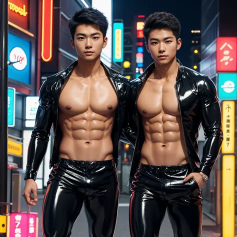 young japanese man in a Latex Suit with six pack abs and topless in a Neon Light City