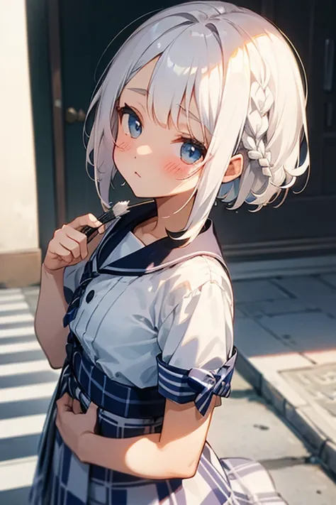 Short white hair, blush, Navy and white checked outfit、Braiding、Excellent