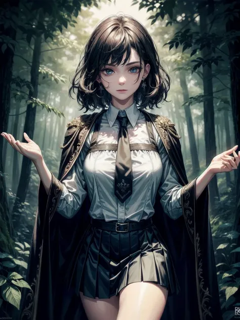 whole body, dark forest, hogwarts teacher, necktie, cloak, skirt, floresta Negra, absurdres, RAW photo, extremely delicate and beautiful, masterpiece, Best Quality, ultra high resolution, 32k, hyperrealistic, ultra-detailed, detailed description, pale skin...