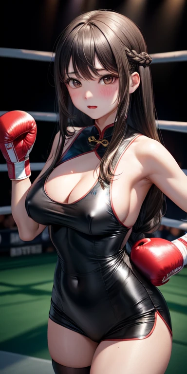 actual, 1 girl, Long hair,   cheongsam，Black tights， blush, Boxing gloves，Cleavage，nipple，Boxing ring，Throw a punch