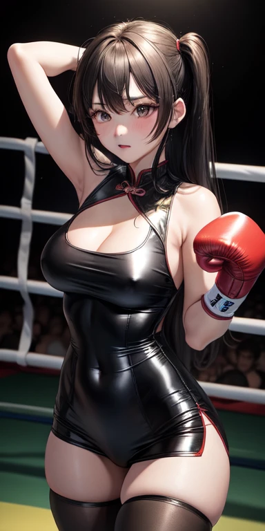 actual, 1 girl, Long hair,   cheongsam，Black tights， blush, Boxing gloves，Cleavage，nipple，Boxing ring，Throw a punch