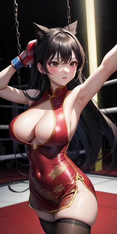 actual, 1 girl, Long hair,   cheongsam，Black tights， blush, Boxing gloves，Cleavage，nipple，Boxing ring，Throw a punch