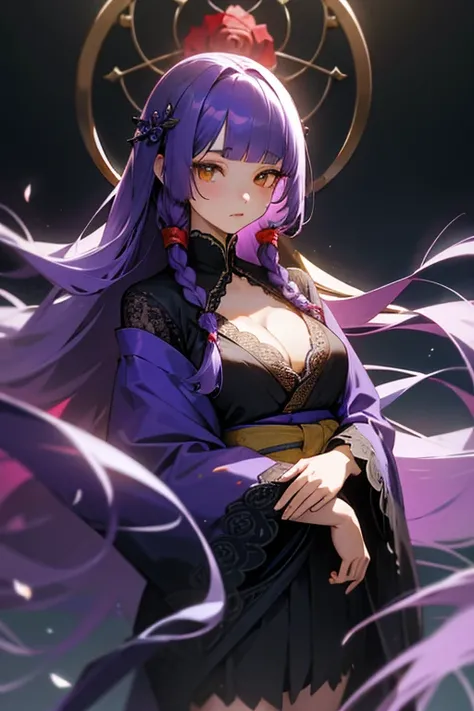 1 girl, Blunt bangs, Braiding, Wide sleeves, hair ornaments, kimono, Yellow and navy lace、(Purple Hair:1.2), Very long hair, Straight hair, Looking at the audience, Highly detailed background, (Realistic:1.2), Beautiful Eyes, Red eyeshadow, Written boundar...