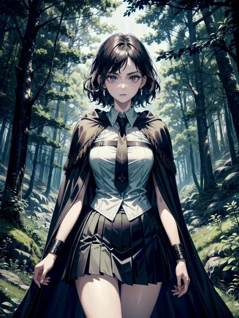 whole body, dark forest, hogwarts teacher, necktie, cloak, skirt, floresta Negra, absurdres, RAW photo, extremely delicate and beautiful, masterpiece, Best Quality, ultra high resolution, 32k, hyperrealistic, ultra-detailed, detailed description, pale skin...